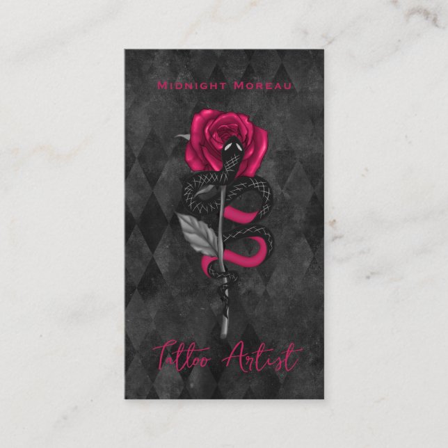 Tattoo Artist Snake Pink Rose QR Code  Business Card (Front)