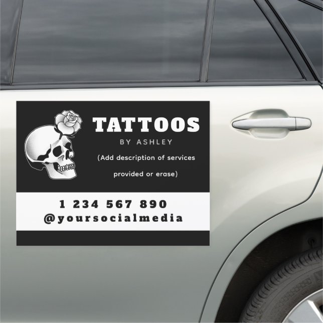 Tattoo Artist Studio Salon Floral Gothic Skull Car Magnet (In Situ)