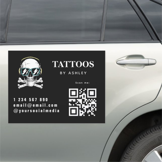Tattoo Artist Studio Salon Skull Logo & QR Code Car Magnet (In Situ)