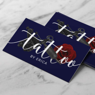 Tattoo Artist Tattoo Gun & Rose Typography Navy Business Card