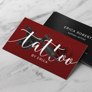 Tattoo Artist Tattoo Gun & Rose Typography Red Business Card
