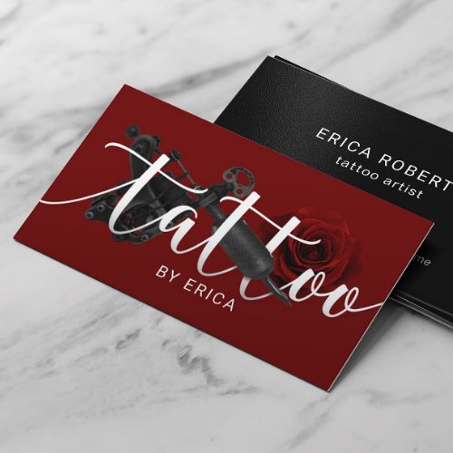 Tattoo Artist Tattoo Gun  Rose Typography Red Business Card