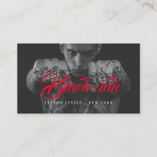 Tattoo artists black photo red script calligraphy business card