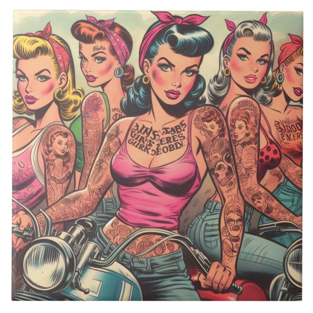 Tattoo Biker Girls Comics Ceramic Tile (Front)