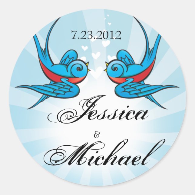 Tattoo Birds and Beams Wedding Date Label Sticker (Front)