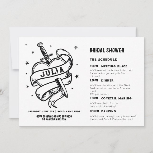 Tattoo Bridal Shower Party Black White Heart Invitation (Front)