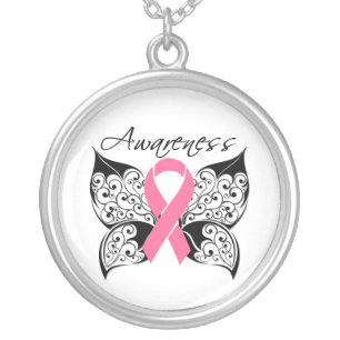 Tattoo Butterfly Awareness - Breast Cancer Silver Plated Necklace