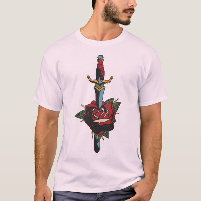 tattoo dague transperch pink flower old school tat T-Shirt (Front)