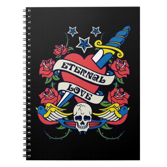 Tattoo Eternal Love Heart Knife Roses Skull Wings Notebook (Front)