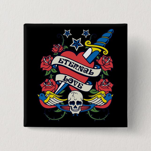 Tattoo Eternal Love Heart Knife Roses Skull Wings Pinback Button (Front)