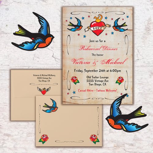 Tattoo flaming heart birds rehearsal dinner invitation