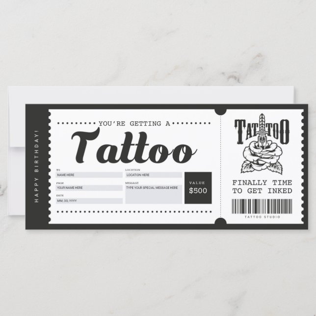 Tattoo Gift Card Ticket Voucher Certificate (Front)