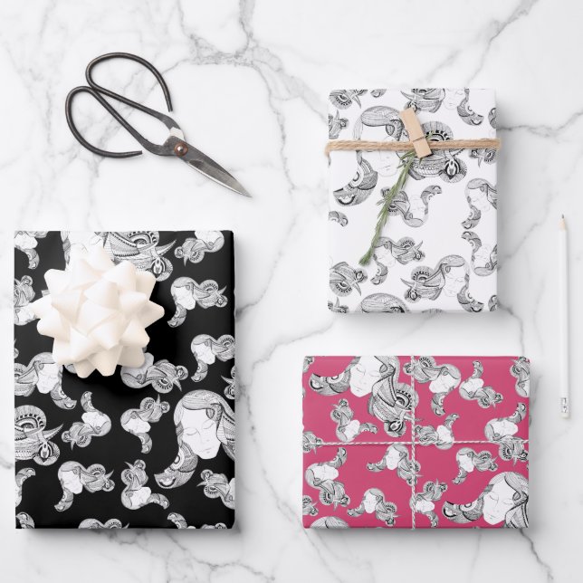 Tattoo Girl Black And White Pink Wrapping Paper Sheets (Front)