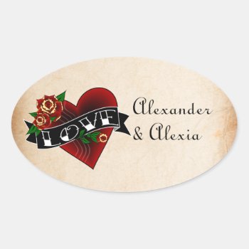 Tattoo Heart And Roses Custom Oval Sticker by itsyourwedding at Zazzle