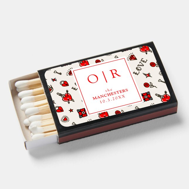 Tattoo Heart Monogram Wedding Favor Matchboxes (Front Open)