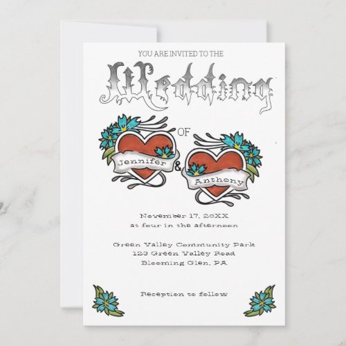 Tattoo Hearts and Tattooed Lettering Wedding Invitation