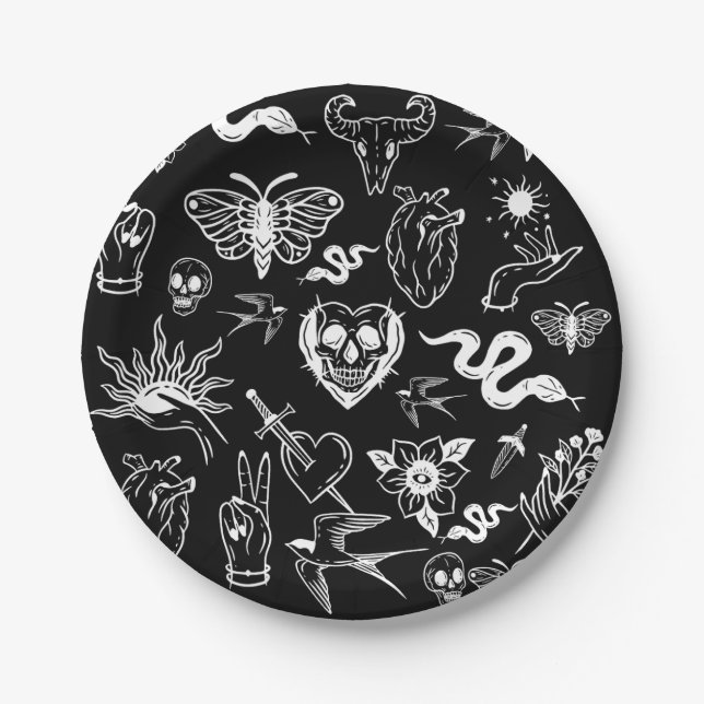 tattoo human heart snake moth dagger black paper plates (Front)