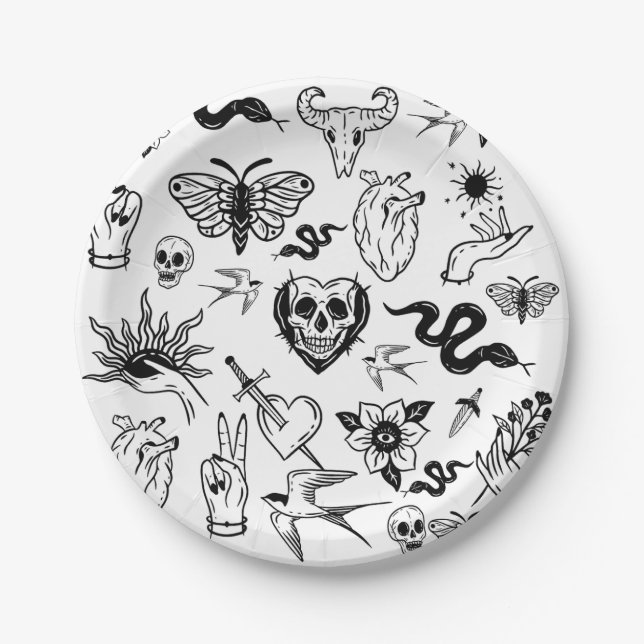 tattoo human heart snake moth dagger white paper plates (Front)