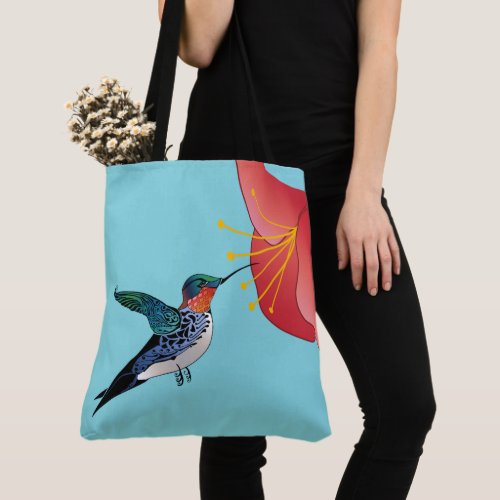 Tattoo Hummingbird and Red Flower Exotic Tote Bag