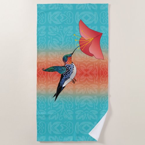 Tattoo Hummingbird Red hibiscus Flower Turquoise Beach Towel