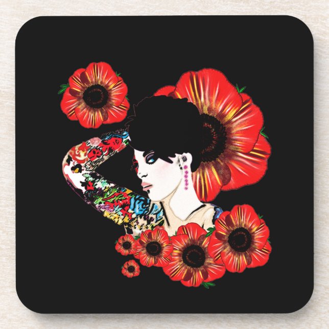 Tattoo inked girl among poppy flowers Art by LeahG Beverage Coaster (Front)