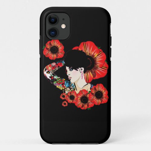 Tattoo inked girl among poppy flowers Art by LeahG iPhone 11 Case