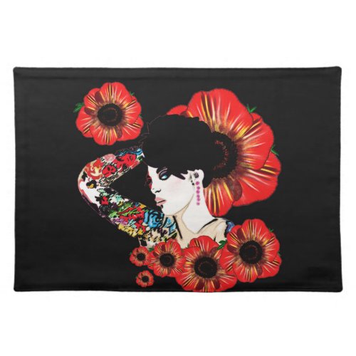 Tattoo inked girl among poppy flowers Art by LeahG Cloth Placemat