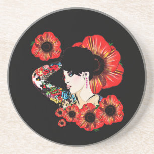 Tattoo inked girl among poppy flowers Art by LeahG Drink Coaster