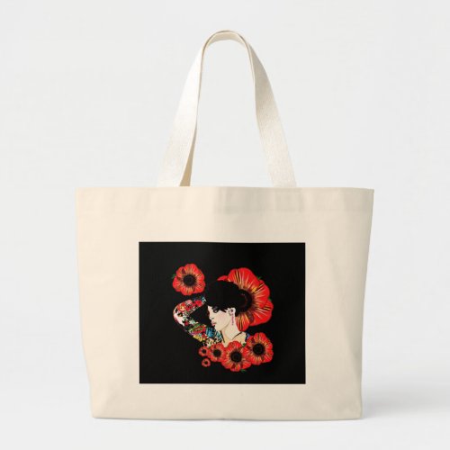 Tattoo inked girl among poppy flowers Art by LeahG Large Tote Bag