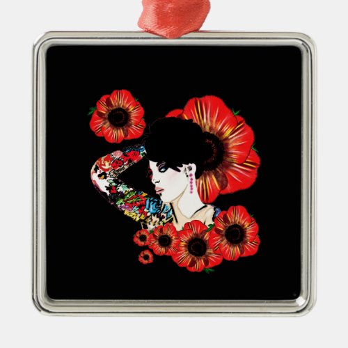 Tattoo inked girl among poppy flowers Art by LeahG Metal Ornament