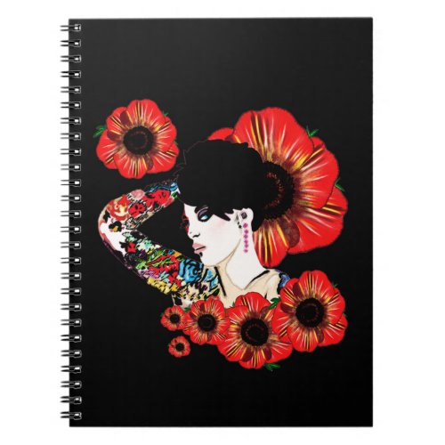 Tattoo inked girl among poppy flowers Art by LeahG Notebook