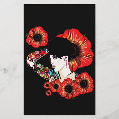 Tattoo inked girl among poppy flowers Art by LeahG Stationery