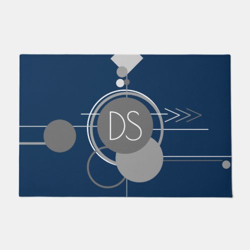 Tattoo Line Art  Abstract Navy Blue Gray Monogram Doormat