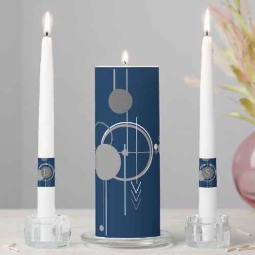 Tattoo Line Art  Abstract Navy Blue Gray Monogram Unity Candle Set