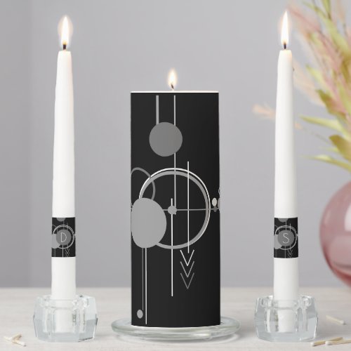 Tattoo Modern Art Deco  Black and Gray Monogram Unity Candle Set