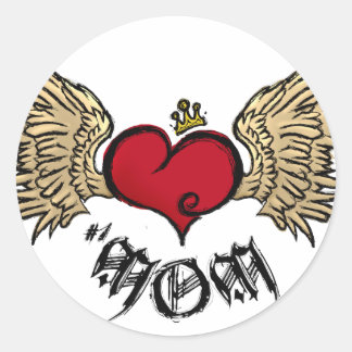 Tattoo Mom Crowned Heart with Wings Classic Round Sticker