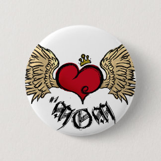 Tattoo MOM Urban Crowned Heart With Wings Pinback Button