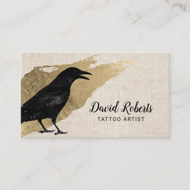 Tattoo & Piercing Black Crow Gold Stroke Elegant Business Card (Front)
