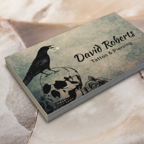 Tattoo  Piercing Gothic Crow Skull  Rose Flowers Business Card