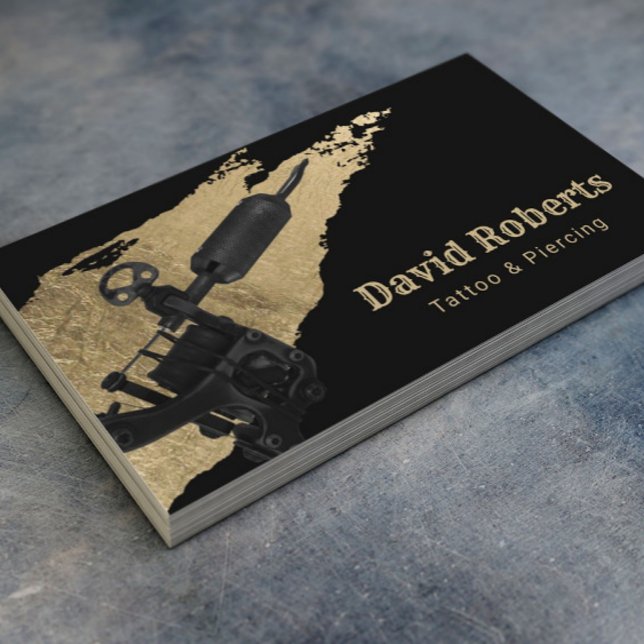 Tattoo & Piercing Tattoo Gun & Gold Brushstroke Business Card (Creator Uploaded)