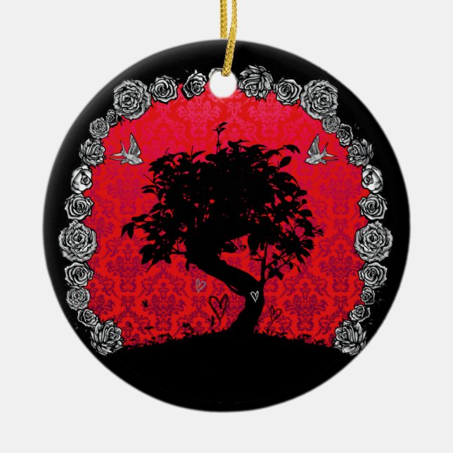 Tattoo Rose Bonsai Tree of Love Swallow Ceramic Ornament (Front)