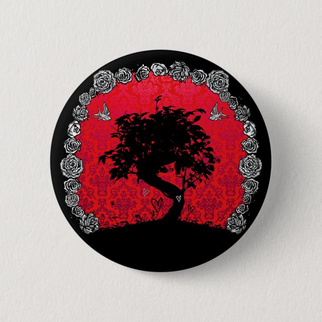 Tattoo Rose Bonsai Tree of Love Swallow Pinback Button (Front)