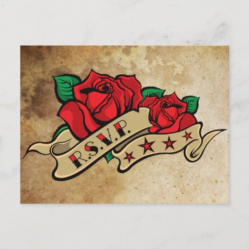 Tattoo Rose on Vintage Paper RSVP Invitation Postcard