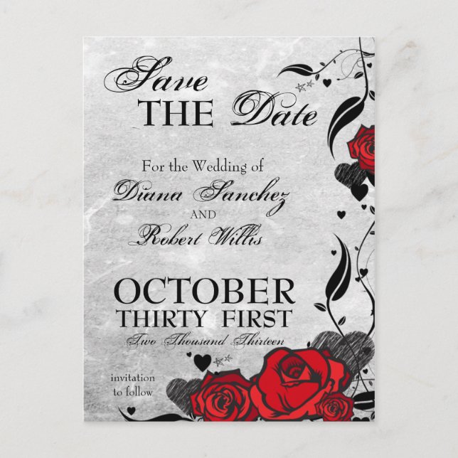 Tattoo Roses and Hearts Save the Date Announcement Postcard (Front)