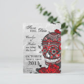 Tattoo Roses and Sugar Skull Save the Date Announcement Postcard (Standing Front)