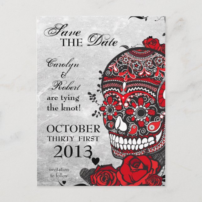 Tattoo Roses and Sugar Skull Save the Date Announcement Postcard (Front)