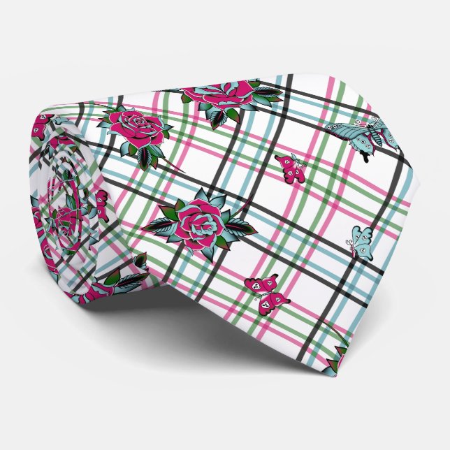 Tattoo Roses Plaid Neck Tie (Rolled)