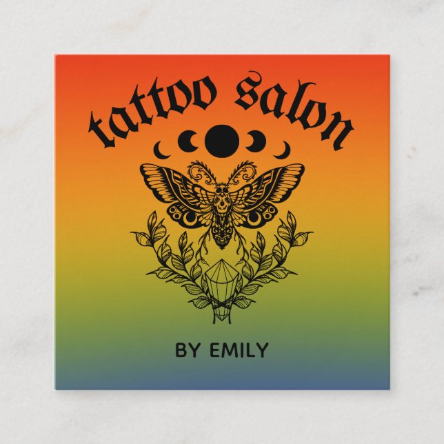 Tattoo Salon Butterfly Moth Colorful Ombre Square Business Card (Front)