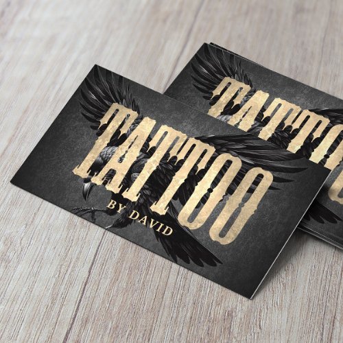 Tattoo Shop Black Crow Vintage Gold Typography Business Card