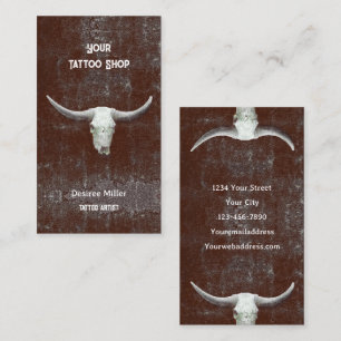 Tattoo Shop Bull Skull Rodeo Brown White Western Business Card